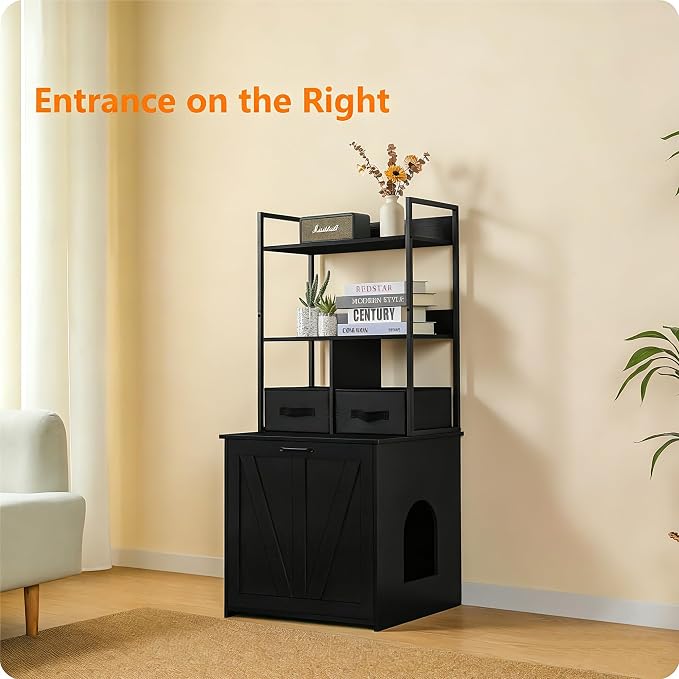 Dwanton Litter Box Enclosure with 2 Storage Shelves and 2 Drawers, 2-in-1 Hidden Cat Litter Box Enclosure Furniture with Shelf, Reversible Entrance, Washable Drawers, 50-Inch, Black - Image 4