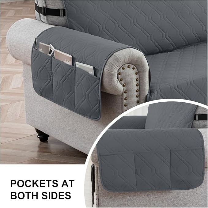 100% Waterproof Couch Cover,Straps&Pockets,pet Friendly,23" Gray | Washable sofa cover, pet-friendly, scratch-resistant furniture protector, quilted sofa cover, reversible, non-slip backing. - Image 5
