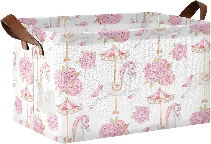 Cute Carousel Horse with Pink Flower Baby Storage Basket with Label&Handles Rectangular Waterproof Nursery Storage Bins Collapsible Shelf Organizer Baskets for Kids Books Cloth Gift Toys Laundry by Unknown