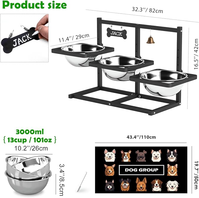 SHAINFUN Elevated Dog Bowls Stand for Large/Extra Large Dogs with Mat, 6 Height Adjustable Raised Dog Bowl, Three 101oz Food Water Bowls - Image 3