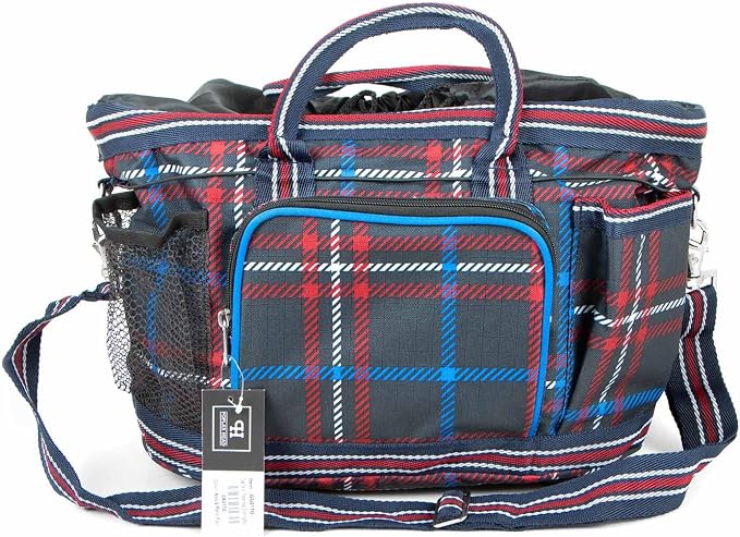 Jeffers Poplar Head Grooming Bag – Horse Grooming Organizer Tote with Pockets for Brushes, Tools, Clippers, Shampoo, Detangler – Stable Barn Kit Carrier for Horses, Pets, Navy & Merlot Plaid - Image 2