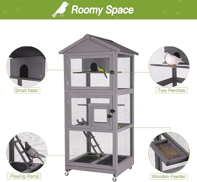 GUTINNEEN Outdoor Bird Aviary Wooden Large Bird Cage on Wheels, Featuring Play Stand, Perches, Nest Habitat, Include Wire Mesh Above Bottom Tray Easy to Clean | waterproof asphalt roof,32.7"x30.9"x70.8",slide-out tray with wire mesh,4 stainless steel w... - Image 5