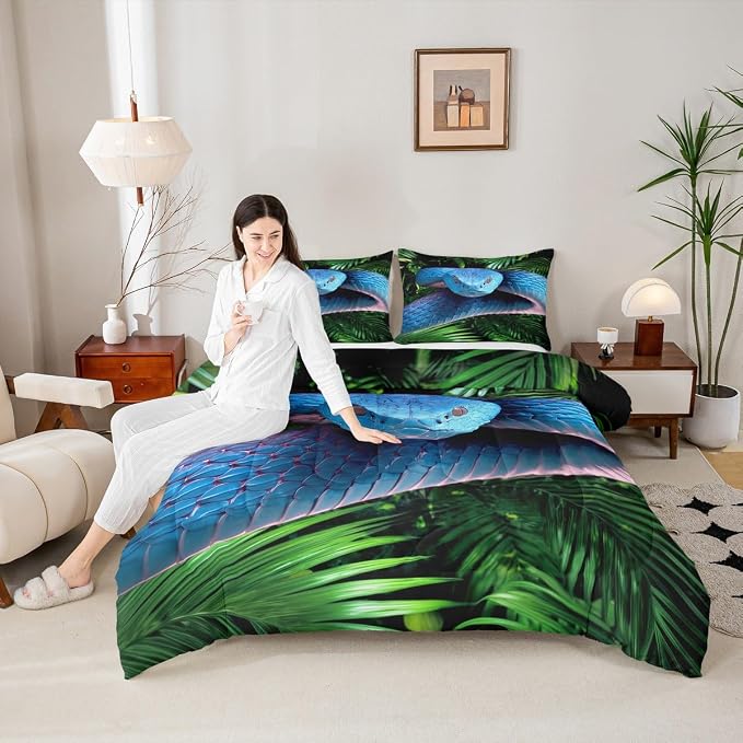 Erosebridal Snake Comforter Set Queen, Blue Snake Duvet Set, 3D Reptile Bedding Comforters, Blue Scales Quilt Set, Palm Leaf Wild Animal Stylish Quilted Duvet for Kids Boys Teens Man Bedroom Decor - Image 4