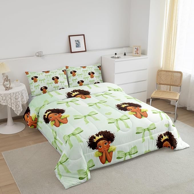 Manfei Cute Princess Comforter Set Full Size,Green Bowknot Marble Paint Bedding Set 3 Pcs for Teens Young,Fairy Tale Black Skin Girl Frog Crown Down Comforter,Green Duvet Insert,2 Pillowcases - Image 2