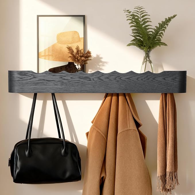 Coat Rack Wall Mount with Shelf Entryway Shelf Modern Key Holder Hanger Wall Shelves with Hidden Hooks for Hanging Towels Coats Hats Bags for Hallway Bathroom Bedroom(Wavy Black, 8 Hooks) by FURNAWAY