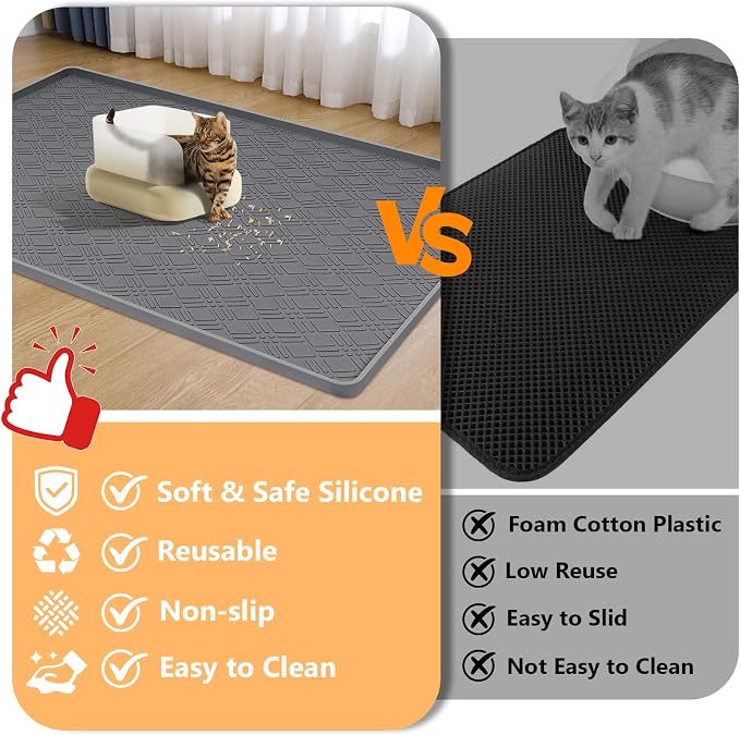 Silicone Cat Litter Mat 42" x 29" Cat Mat for Litter Box, Dark Grey | Extra Large Cat Litter Trapping Mat for Floor, Waterproof, Non-Slip Kitty Litter Box Mat with Raised Edge, Easy to Clean - Image 3