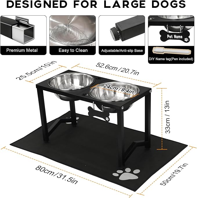 Elevated Dog Bowls, Metal Raised Dog Bowl Stand with 2 Thick 85oz Capacity Stainless Steel Food Bowls & Non-Slip Mat - 13" Tall for Large Breeds - Image 3