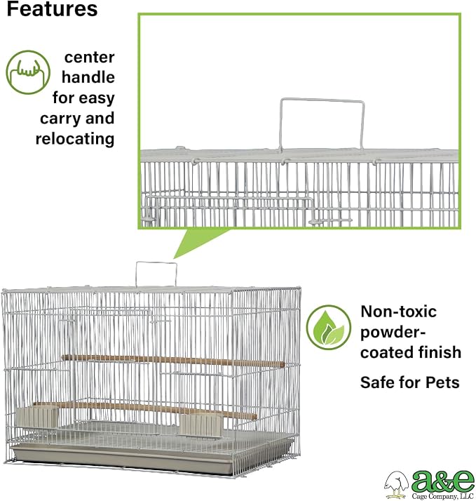 A&E Cage Co 504 Flight Bird Cage for Finches & Parakeets, 30"x18"x18" White | 2 Slide-Up Feeder Doors, Wood Perch, Slide-Out Cleaning Tray, Carry Handle, Safe Bar Spacing for Small Birds - Image 4