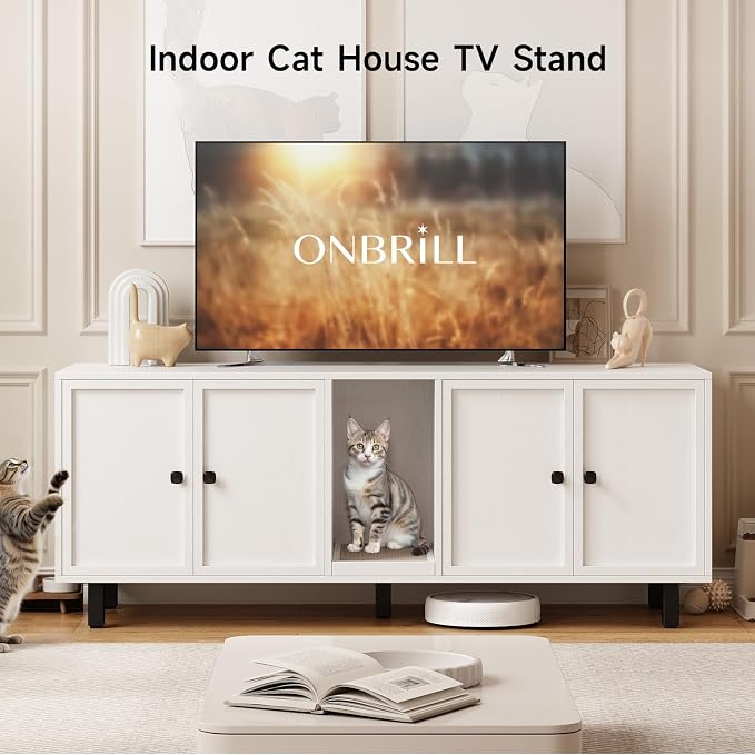 ONBRILL 63 Inches Cat Litter Box Enclosure for 2 Cats, Hidden Litter Boxes Furniture with Cat Scratch Pad, Large Indoor Pet House with Double Room, Wooden TV Stand Side Table, Off White - Image 3