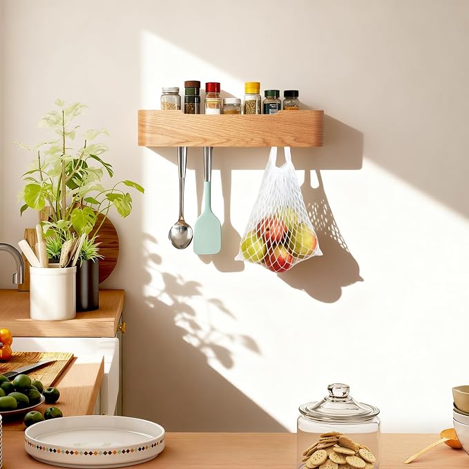 Coat Rack Wall Mount with Shelf Entryway Shelf Modern Key Holder Hanger Wall Shelves with Hidden Hooks for Hanging Towels Coats Hats Bags for Hallway Bathroom Bedroom (Oak, 5 Hooks) - Image 7