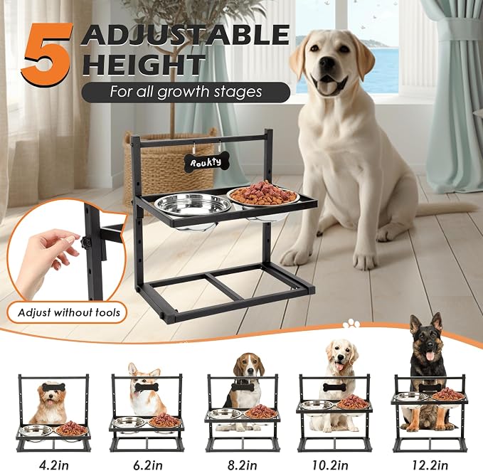 ADENGL Elevated Dog Bowls with Slow Feeder Dog Bowls, 5 Height Adjustable Raised Bowl Stand with 2 Stainless Steel Food & Water Container, Pet Bowl Elevated for Medium Large Pet - Image 3