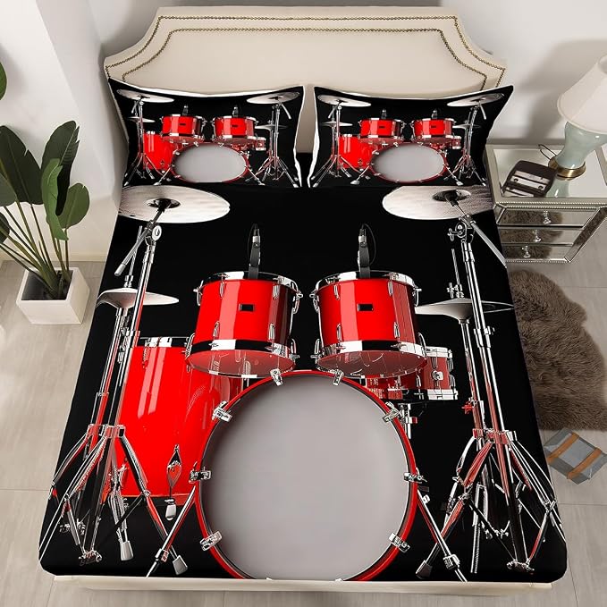 Music Fitted Sheet,Guitar Sheet Sets for Kids Boys Girls Young Man Bedroom Decor,Musical Equipment Pattern Flat Sheet,Soft Fabric Bedding All-Round Elastic Pocket,Twin Size,Black Red - Image 2