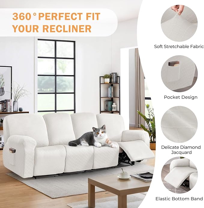 vctops Diamond Recliner Sofa Covers 10-Pieces Stretch Large RV Couch Covers for 4 Seats Reclining Slipcovers Soft Solid Furniture Protector (White,4 Seat) - Image 4