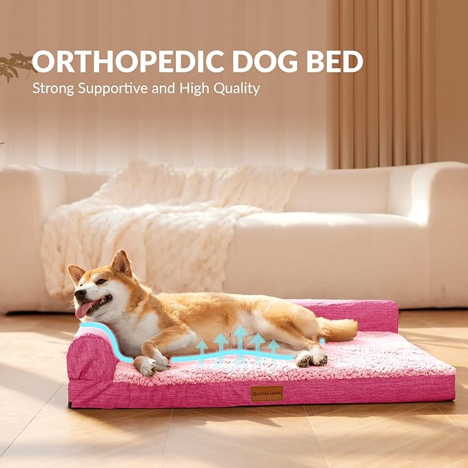 Patas Lague Orthopedic Large Dog Bed Pet Sofa Beds 42''X28''Pink | L Bolster Egg-Crate Foam Dog Couch For Large Sized Dogs, Waterproof Removable Washable Cover, Pet Mat with Nonskid Bottom - Image 4