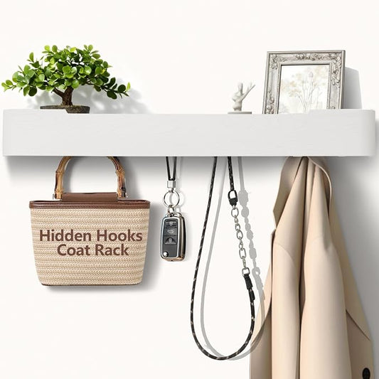 Coat Rack Wall Mount with Shelf 8 Hidden Hooks Modern Wooden Key Holder Entryway Organizer for Hallway Bedroom Bathroom Home Decor Storage for Hanging Coats Hats Bags Towels, White by Jadoxy