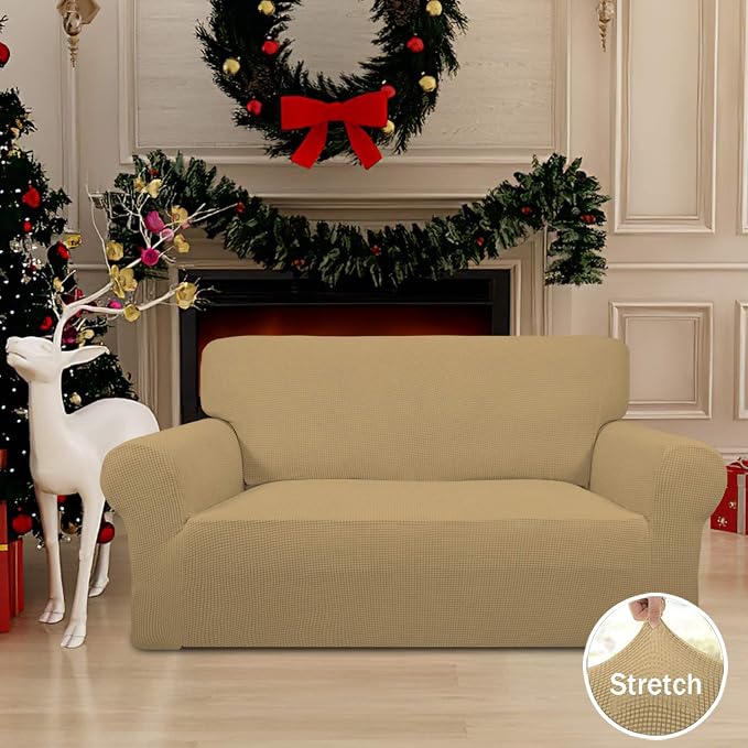Easy-Going Stretch Loveseat Couch Covers Washable Golden | 1-Piece Loveseat Covers for 2 Cushion Couch Furniture Protector RV Sofa Slipcover Soft with Bottom for Kids Pets - Image 2