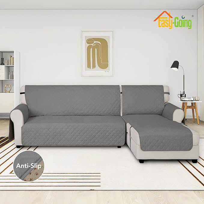 Easy-Going Waterproof Sectional Couch Covers with Chaise 2-Piece Non Slip L Shape Sofa Cover for Dogs Leakproof Furniture Protector Cover with Adjustable Strap for Pets (X-Large, Gray) - Image 2