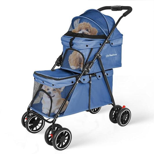 Double Pet Stroller for Dogs and Cats,Cat Strollers for 2 Cats,Double Dog Stroller for 2 Small Medium Dogs,4 Lockable Wheels/Lightweight/Folding,Navy Blue