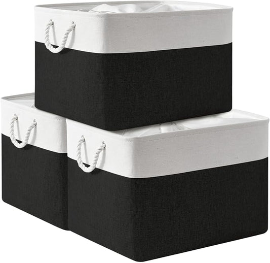 TheWarmHome Organization and Storage for Shelves - Extra Jumbo 3 Pack 20.5x15.7x13.8 inch Fabric Storage Basket for Organizing, Storage Bins for Shoes Towel Blanket (White & Black) by TheWarmHome