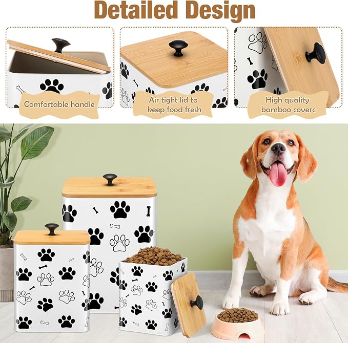 Reallnaive Airtight Dog Treat Container Set of 3 with Bamboo Lids Metal Treat Jars for Countertop Decorative Pet Snack Food Storage Canister Kitchen Biscuit Holder(White) - Image 3