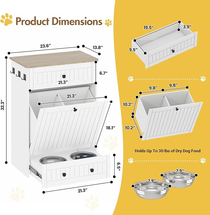 Dog Feeding Station Cabinet Elevated Bowls (White, Classic Panel) | Slow Feeder Insert, Large food bin, Removable Divider, 3 Side Hooks, Pull-Out Drawer, Easy to Clean for Small & Middle Dogs - Image 2