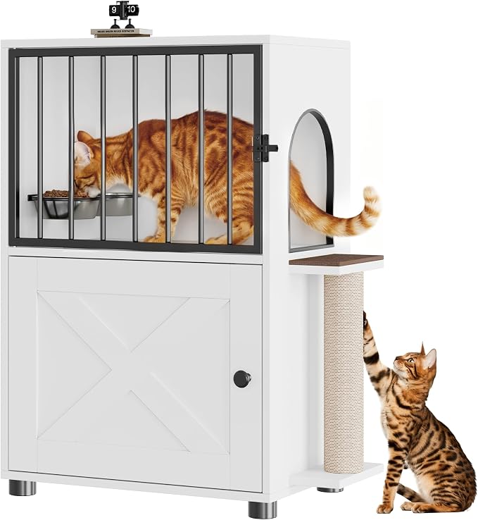Dog Proof Cat Feeding Station, Dog Proof Cat Feeder, Cat Food Table, White | Cat Feeding Station with Scratching Post, Elevated Food Bowls with Stand, Cat Tree with Food Storage, Cat House by VKTO