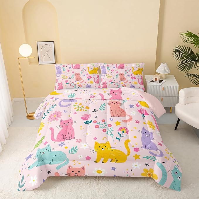 QOOMO Floral Cat Comforter Queen Size,Pink Cat Bedding Set for Kids Teens Girls,3Pcs Bedding Set Printed Comforter with 2 Pillowcases,Down Alternative,Soft and Lightweight(Pink，Queen Size) by QOOMOHOME