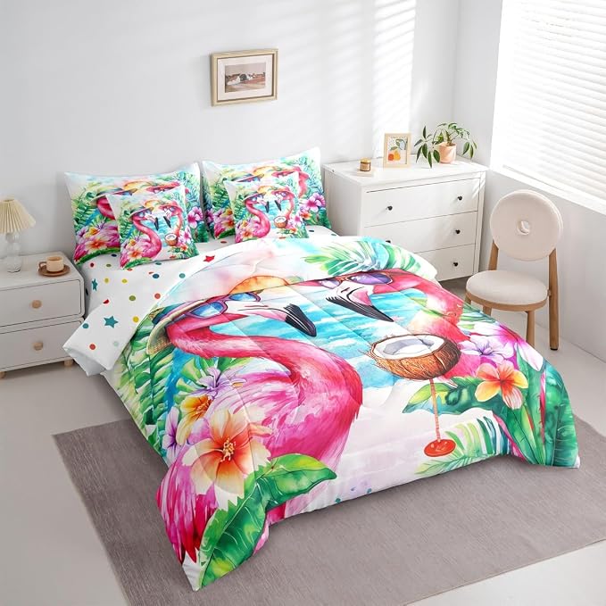 Erosebridal Flamingo Bed in A Bag Twin, Summer Flamingo Comforter Set with Sheets for Kid Boys Girls Adults, Happy Beach Party Decor 7 Pieces Bedding Set, Wildlife Tropical Flowers Bed Sets - Image 2