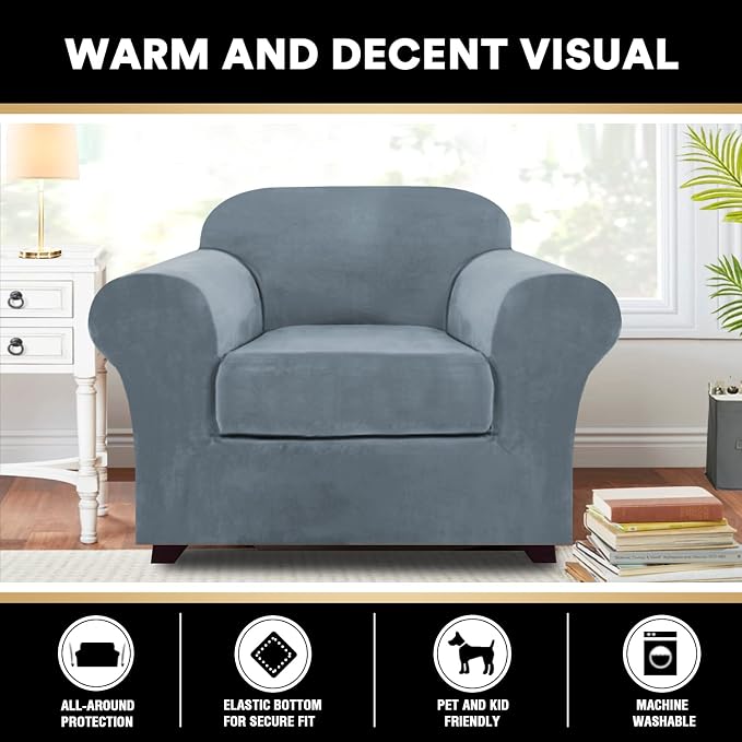 PrinceDeco Velvet Plush Couch Cover Stretch 2 Piece Chair Cover Chair Slipcover Washable Furniture Protector Couch Soft with Elastic Bottom Armchair Cover Width Up to 49 Inch(Small,Stone Blue) - Image 6