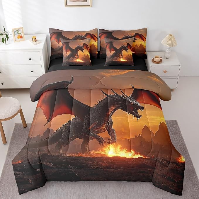 Erosebridal Fire Dragon Comforter Sets with Sheets - Wildlife Animal Theme Bedding Set King for Boys Girls 3D Wild Animal 7Pcs Bed in A Bag Fierce Dragon Bed Set by Erosebridal
