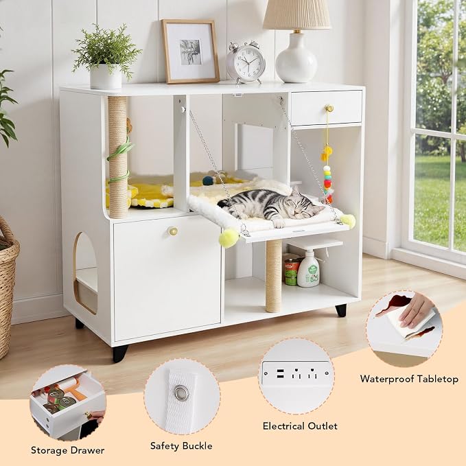 41.3"x19.7"x36.2" Double Cat Litter Box Enclosures，Hidden Litter Box Furniture with Built-in Outlet-Multi-Level 2 Cats with Scratching Post and Storage, Dual cat Litter Cabinet for 2 Litter Boxes - Image 4