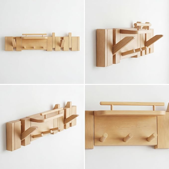 Mid Century Modern Wood Coat Rack Wall Mount with Shelf, 7 Hooks, Natural | Wood and metal wall rack with fold-down piano-key hooks and display shelf organizes coats, bags, keys and decor up to 25 lb. - Image 3