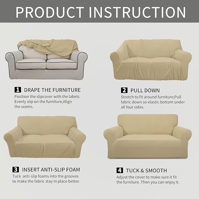 Easy-Going Stretch Oversized Loveseat Couch Covers Washable Beige | 1-Piece Large Loveseat Cover for 2 Cushion Couch Furniture Protector RV Sofa Slipcover Soft with Bottom for Kids Pets - Image 6