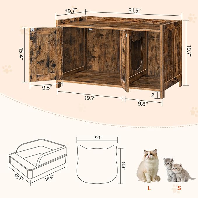 MAHANCRIS Cat Litter Box Enclosure, Hidden Litter Box Furniture with Divider, Indoor Cats House, Wooden Cat Washroom Storage Cabinet Bench, Side End Table Nightstand, Rustic Brown CWHR2501Z - Image 4