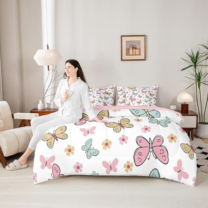 Feelyou Cute Butterfly 7 Piece Bedding Set Kawaii Flower Comforter Set with Sheets for Kids Boys Girls Pink Blue Yellow Bed in a Bag Nutrue Theme Bed Set Soft Lightweight - Image 6
