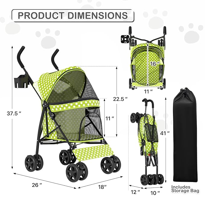 MoNiBloom 4 Wheels Pet Stroller, Easy-Fold Umbrella Shaped Dog Cat Jogger Stroller w/Storage Bag & Visible Mesh for Small/Medium Dogs Cats Lawn Green Polka Dots