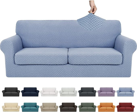 YEMYHOM Latest Checkered 3 Pieces Couch Covers for 2 Cushion Couch High Stretch Sofa Cover with 2 Extra Large Seat Cushion Covers Anti Slip Elastic Slipcovers (Light Blue), 71"-91"(2 Cushions) by YEMYHOM