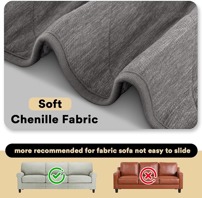 Couch Covers for Dogs Chenille Sofa Covers for 3 Cushion Washable Quilted Checkered Fuzzy Pet Couch Cover Soft Couch Protector Non-Slip Sofa Pads for Puppy Cat Kids(34.5" x 70",Light Grey) - Image 7