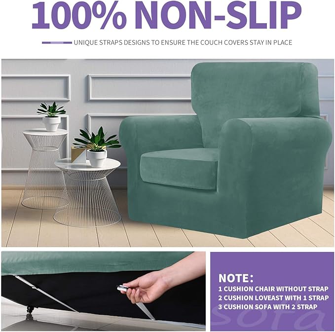 ZNSAYOTX Oversized Velvet Couch Cover 4 Piece (92"-115") Stretch Sofa Covers for 3 Cushion Couch Thick Soft XL-Slipcover with Non Slip Strap, Dog Pet Friendly Nice Furniture Protector (Pea Green) - Image 5