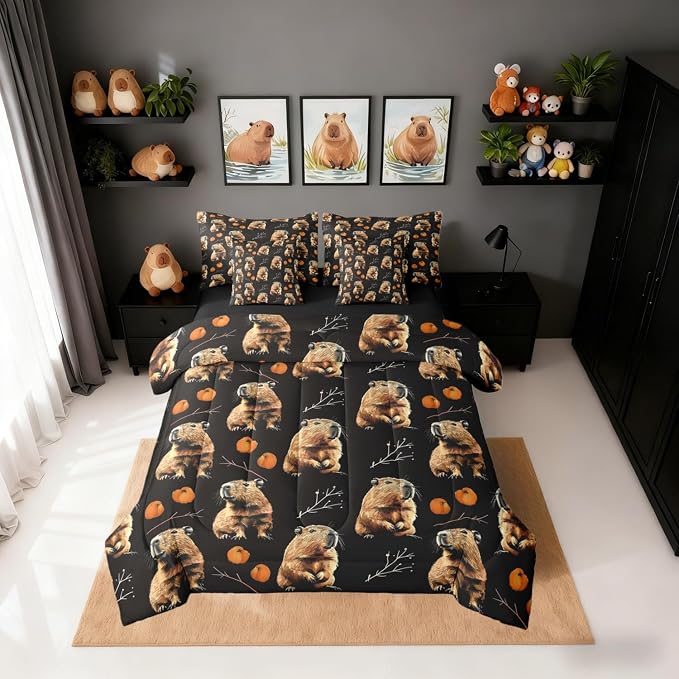 Erosebridal Kids Kawaii Capybara King Size 7-Piece Bedding Set for Capybara Lovers, Cute Animal Bed in A Bag, Peach Printed Comforter Set with Sheets, Cartoon Fruit Bedding Comforter Sets, Black by Erosebridal