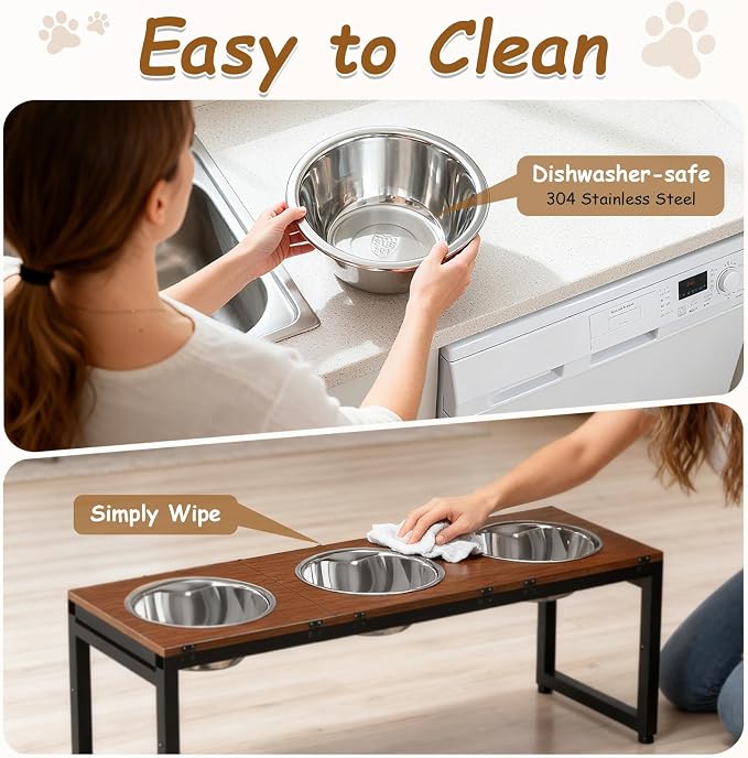 Elevated Dog Bowls Large Breed, Adjustable, 3 Bowl 12.5cup/101oz | 15"/16"/17"/18"/20" Height Fits Giant Dogs Like Great Dane, Stainless Steel Bowls , Iron Holder, Wooden Platform, Grained Oak - Image 7