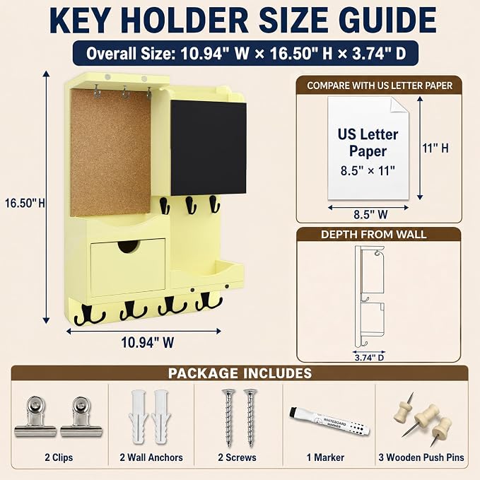 Key Holder Wall Mount， Mail Organizer Key Holder for Wall with Shelf, Drawer, Chalkboard, Corkboard, Home Decor Wall Mounted for Room Entryway (Ivory Yellow) - Image 2