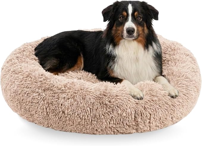Active Pets Premium Large Donut Dog Bed, Fits Up to 100 lbs, Machine Washable Cushion, Plush Long Pile Faux Fur Fabric, Portable Beige Pet Bed Furniture for Puppies Adult Canines & Cats by ActivePets