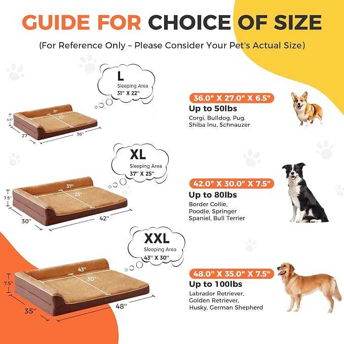 Dog Bed Large Sized Dogs, Orthopedic Dog Bed for Large Dogs, Waterproof Pet Bed with Washable Removable Cover, L-Shaped Pet Couch with Portable Handle 36"x27"x6.5", Brown - Image 4