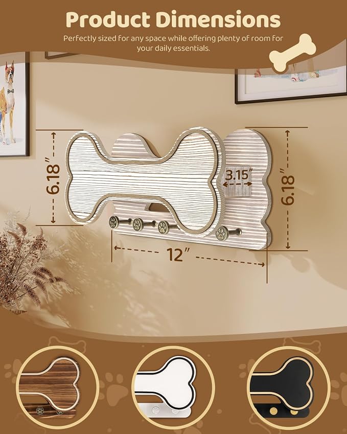 Decorative Dog Leash Holder for Wall - Creative Doggie Bone Shape Key Holder Wall Mount with Dog Stuff Storage Shelf & 5 Cute 3D Puppy Paw Hooks - Ideal for Room Decor (White) - Image 6