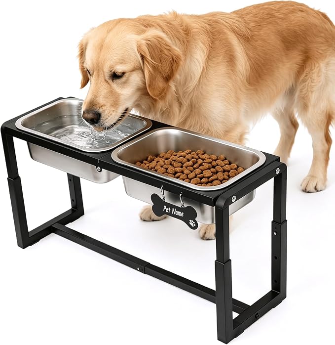 Metal Elevated Dog Bowls Medium/Large Breed with 2 Thick 1.2GAL Stainless Steel Raised Dog Bowl, Adjustable Height 3 Levels (8.8"-11.5"-14") Neck & Joint Protection by FLODOMIXHOME