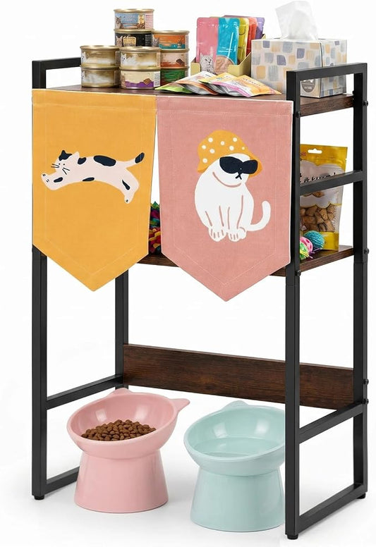 Geelin Cat Feeding Station with Storage, 3-Tier Cat Food Organizer Shelf, Elevated Feeding Area Fits Different Bowl Heights, Space Saving Pet Supply Rack with Decorative Flags(Not Include Bowls) by Geelin