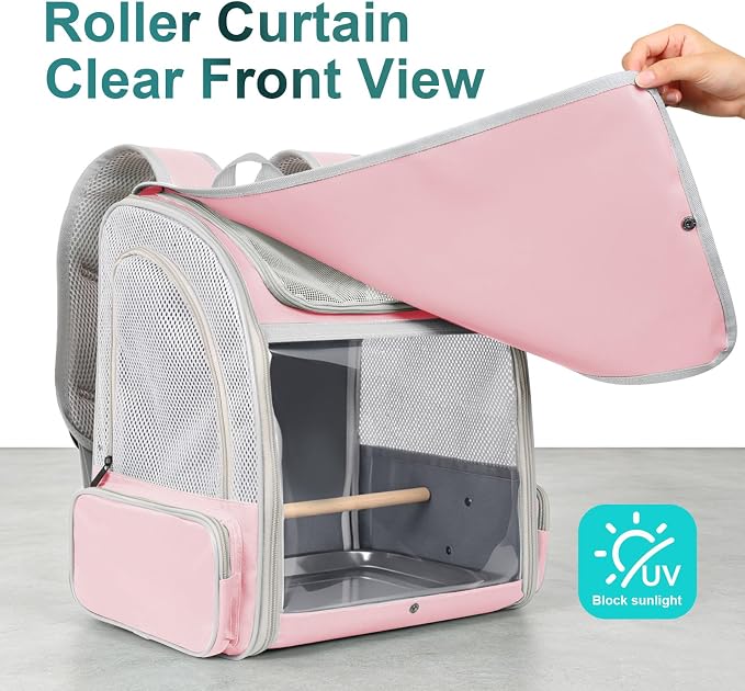 Bird Carrier Backpack for Small to Meidum Bird, Portable Travel Carrier Cage with Standing Perch and Metal Tray (Pink, Backpack Carrier) - Image 5