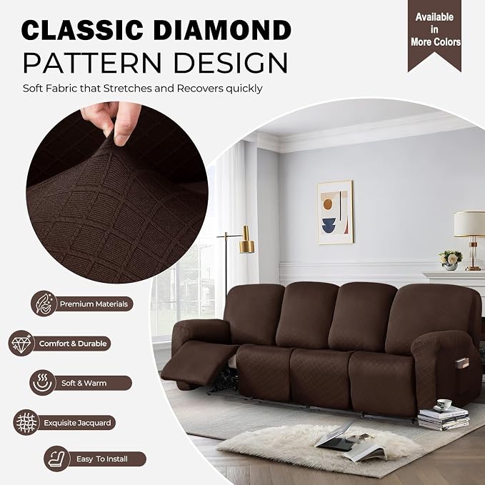 vctops Diamond Recliner Sofa Covers 10-Pieces Stretch Large RV Couch Covers for 4 Seats Reclining Slipcovers Soft Solid Furniture Protector (Dark Coffee,4 Seat) - Image 3
