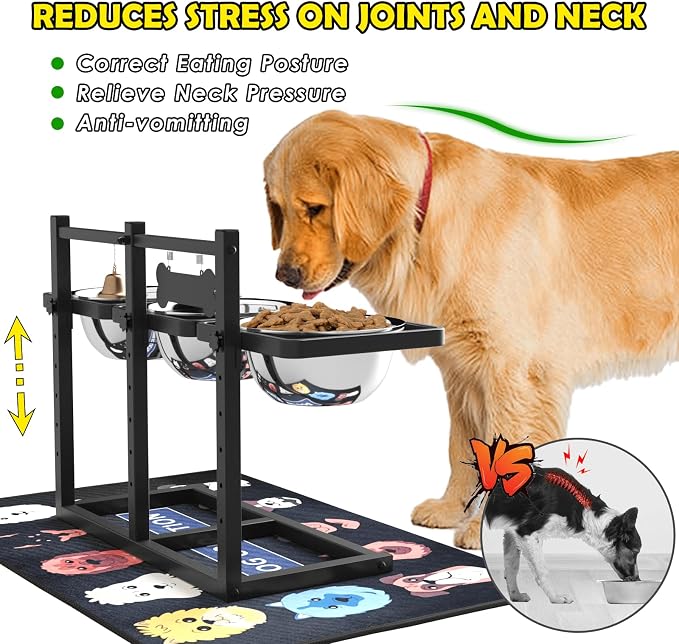 Elevated Dog Bowl Stand for Medium/Large Dogs with Slow Feeder & Mat, Adjustable Height 3.9'',5.5'',7.1'',8.7'',10.2'',11.8'', 58oz Raised Triple Dog Food Water Bowls - Image 2
